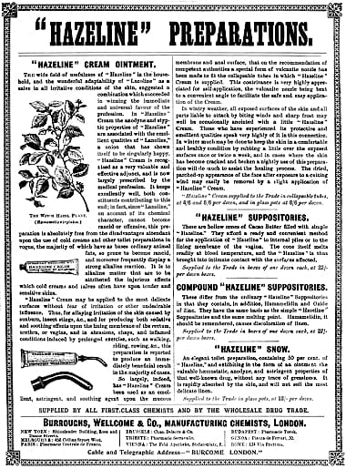 1895 Burroughs Wellcome products using Hazeline