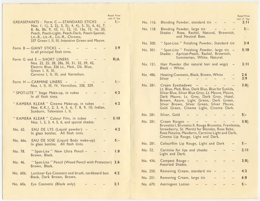 Stage and Film Make-up June price list side 2