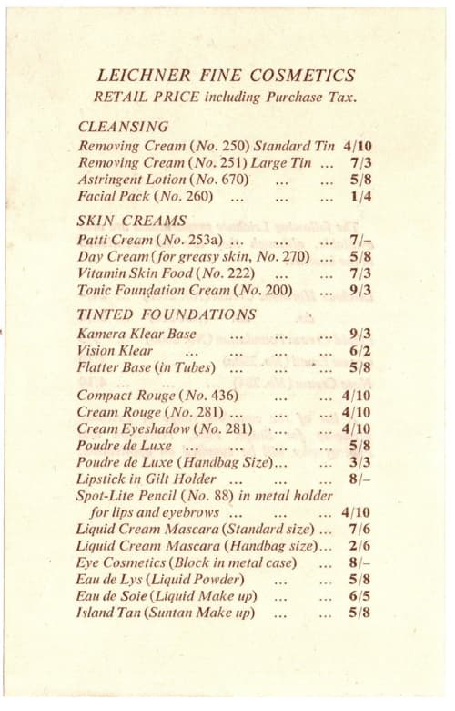 Leichner Price List side 1