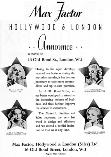1937 Max Factor moves to Old Bond Street