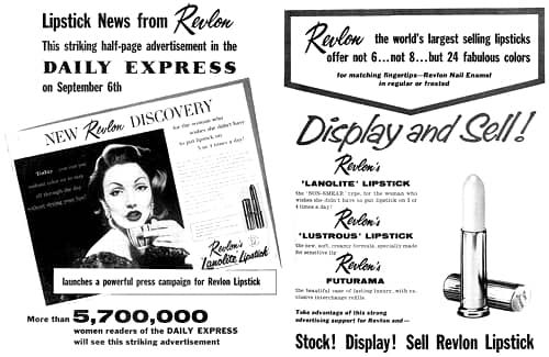 1957 British trade advertisement for Revlon lipsticks
