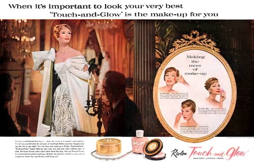 1959 Revlon Touch-and-Glow Face Powder, Liquid Make-up, and Pressed Powder