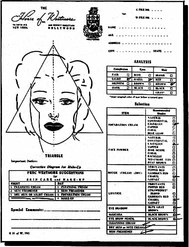 1942 Westmore chart used in a Westmore in-store promotion