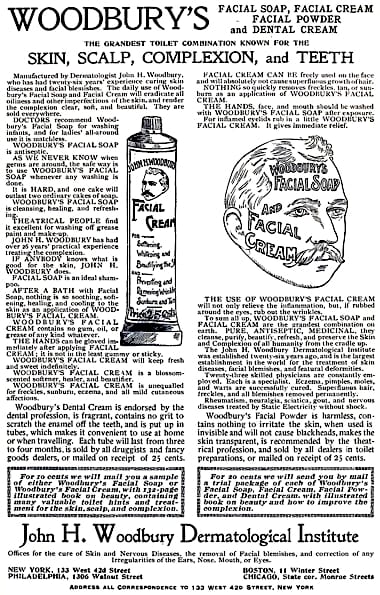 1897 Woodbury Facial Soap, Facial Cream, Facial Powder, and Dental Cream