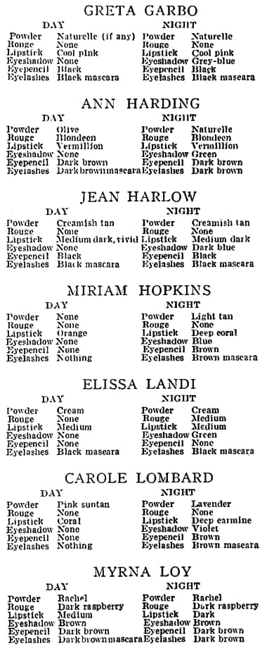 1934 Suggested make-up for movie stars