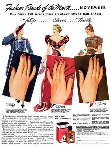 1937 Cutex nail polishes colour coordinated with clothing