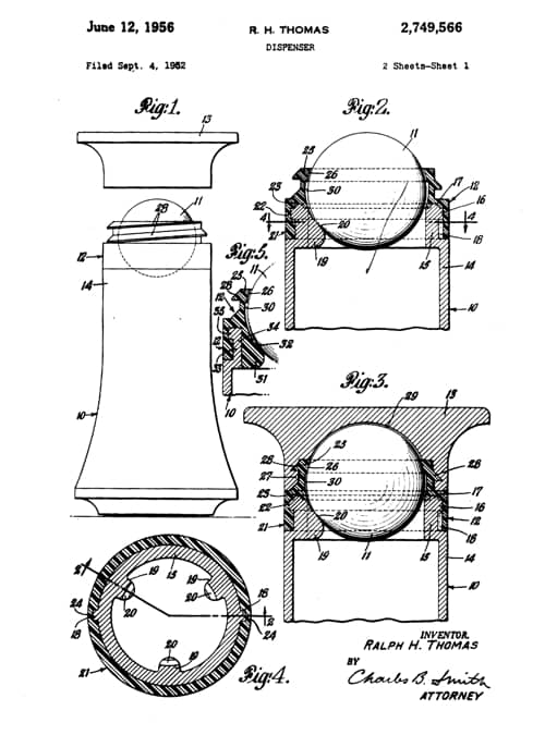Drawings from the 1956 patent for the roll-on dispenser