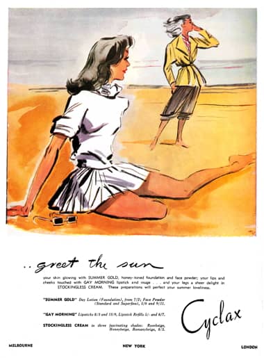 1949 Cyclax Summer Gold, Gay Morning Lipstick and Stockingless Cream