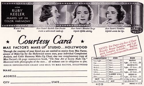 1930s Max Factor courtesy card