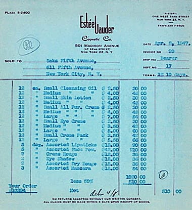 1947 Estee Lauder invoice to Sak Fifth Avenue
