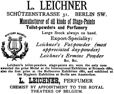 1887 Leichner stage paints and toilette powders
