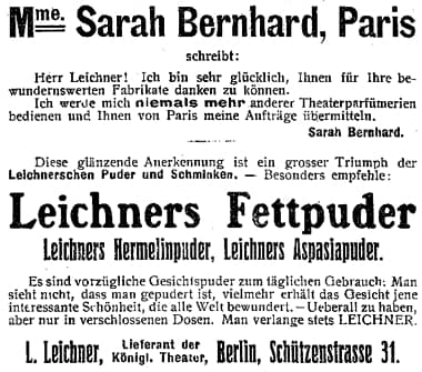 1907 Sarah Bernhardt endorsement for Leichner