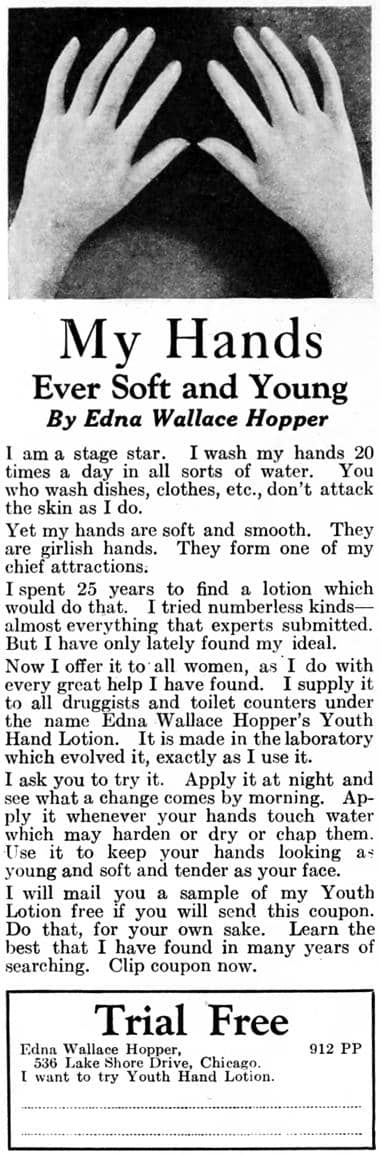 1925 Edna Wallace Hopper Youth Hand Lotion.